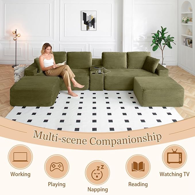 125 Oversized U-Shaped Cloud Sectional Couch 6-Seater Modular Sectional Sofa with USB Ports/Storge Console/Cup Holder Modern Deep Seat Corduroy Boneless Couch for Living Room No AssemblyGreen