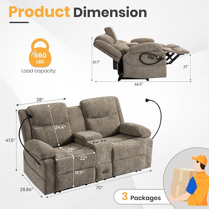 Loveseat Recliner Sofa Reclining Loveseat with Console RV Wall Hugger Double Loveseat Recliner Couch for Living Room &amp Home Theater (Chenille-Camel)