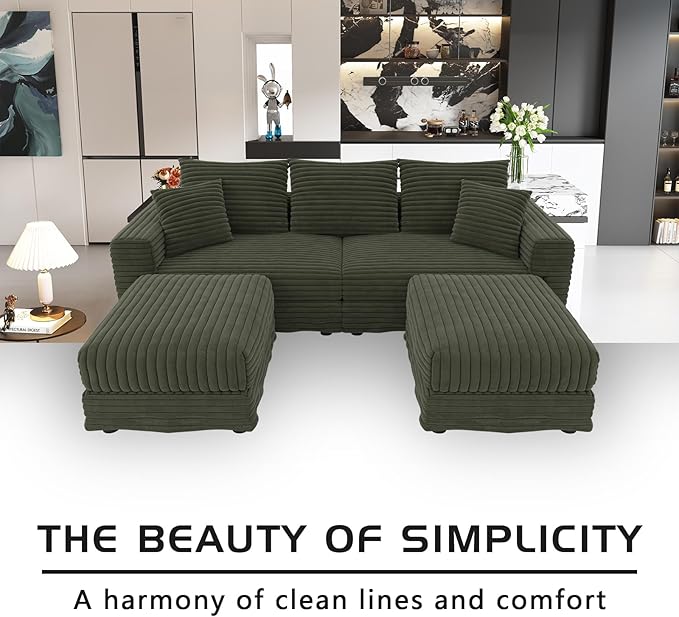 82.7'' Oversized Corduroy Couch Modular Sectional Sofa with 2 Ottomans Upholstered 3 Deep Seat U Shape Sofa Convertible Cloud Couches with Chaise Lounge for Living Room Apartment Green
