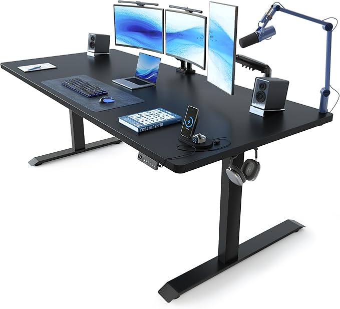 FEZIBO 63 x 37 Inch Standing Desk with Integrated Dual-Beam Height Adjustable Computer Desk Sit Stand Desk for Home Office Workstation 1 Thick Large 3-Piece Desktop Black