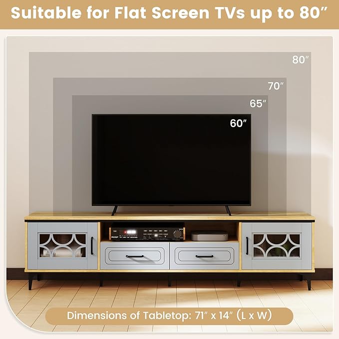 Tangkula Farmhouse TV Stand for TVs up to 80” 71” Entertainment Center with 2 Drawers 2 Cabinets &amp Compartment with 7 Raised Metal Legs Wood Media TV Console Table for Living Room (Bluish Gray
