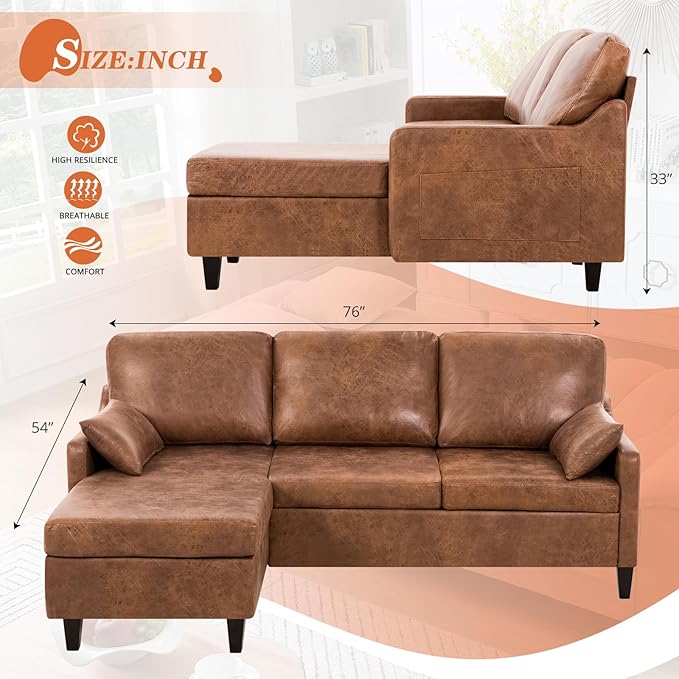 76 Sectional Sofa Couch w/Reversible Chaise Suede Leather L Shaped Sofa w/USB Charger Ports &amp Storage Bag Convertible Modern Couch w/Storage Space for Living Room Small Space Brown