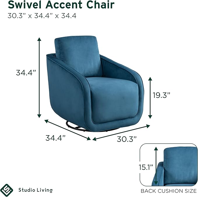 Studio Living® Lydia 35.3 Swivel Accent Chair Modern Boho Fully Assembled Pocket Coil Comfort Round Swivel Base Leg Soft Velvet Fabric Blue