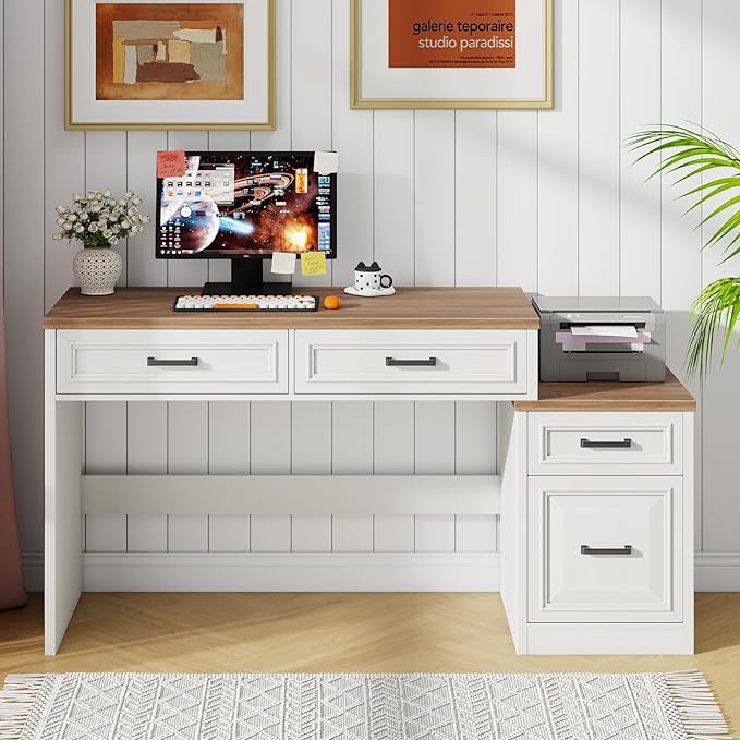 Vabches 61 Farmhouse Computer Desk with Storage and File Drawer Executive Desks with Printer Stand Rustic Large Home Writing Desk for Home Office.