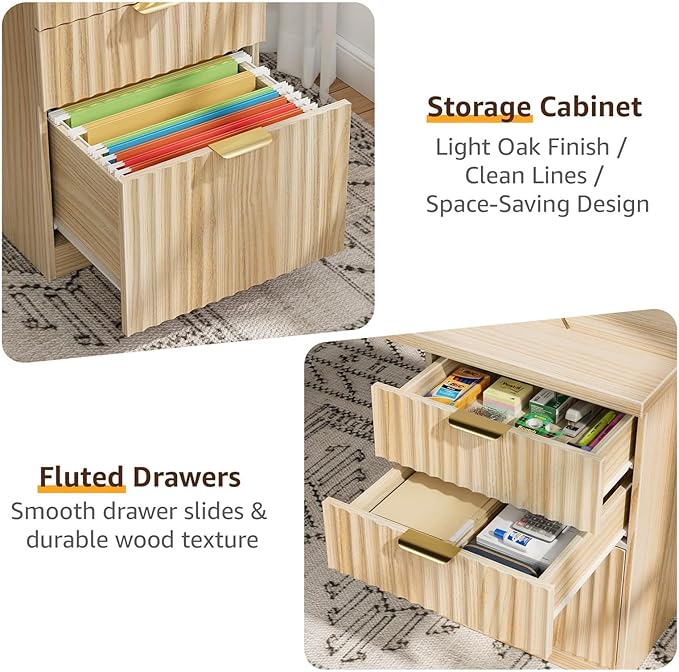 Fluted Desk with File Drawers - 47 Inch Modern Executive Desk Wood Desks with Cabinet Drawers for Home Office Boho Wooden Computer Desks with Storage for Writing Study Bedroom Light Natural Oak