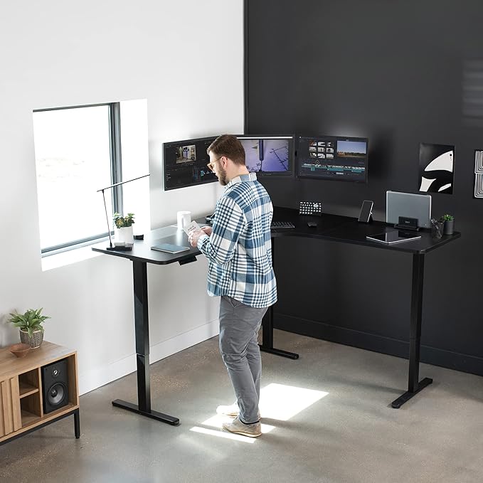 VIVO Electric Height Adjustable 71 x 71 inch Curved Corner Stand Up Desk Black Table Top Black Frame Memory Controller L-Shaped Workstation E3C Series DESK-KIT-E3CB2