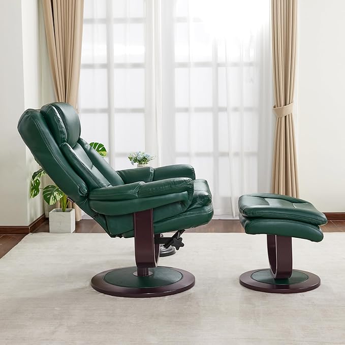 MCombo Oversized Swivel Recliner Chair with Ottoman Adjustable Backrest 360° Wood Base High Seat Faux Leather Lounge Chair for Tall Users in Living Room Bedroom or Office 4651 (Green)