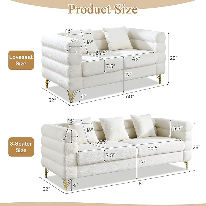 KINFFICT 2 Piece Living Room Sofa Set Comfy Boucle Couch with Loveseat and 3 Seater Upholstered Sofa Couch with 2 Pillows and Deep Seat Design for Office Waiting Room White Teddy