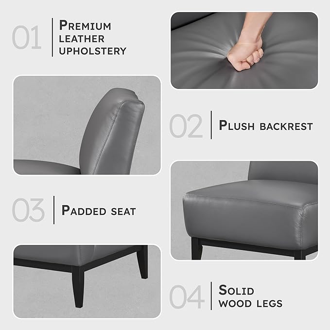 Lexicon Modern Living Room Leather Accent Chair Luxury Genuine 100% Top Grain Leather Upholstered Armless Chair Comfortable Seat Black Solid Wood Legs for Bedroom/Office Easy Assembly Dark Gray