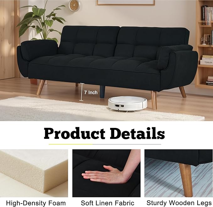 Convertible Futon Couch Bed Sleeper Sofa Bed with Adjustable Backrests Linen Loveseat Sofa 3 Seater Comfy Couch for Small Spaces Living Room Bedroom(Black 75)