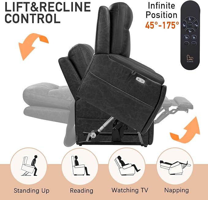 EONIX Triple Motor Lay Flat Power Lift Recliner Chair for Elderly 400lbs Electirc Lift Chair for Living Room Independent Adjustable Lumbar Extended Footrest Hidden Cup Holders Charcoal Black