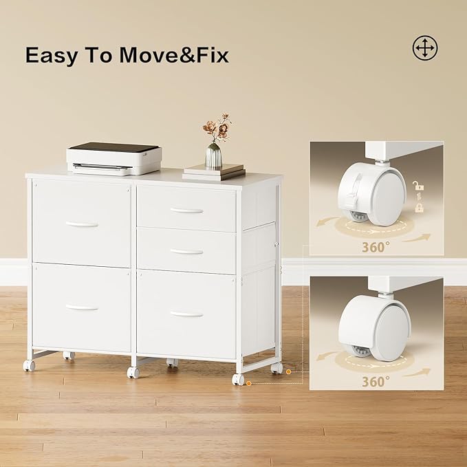 Lateral File Cabinet with 5 Drawers Rolling Filing Cabinets Under Desk Storage Printer Stand with WheelsMobile File Cabinet for Home OfficeWhite