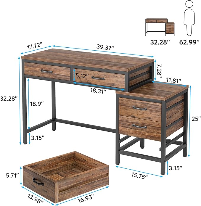 LITTLE TREE 5 Drawers Computer Desk Desk with Reversible File Drawer Cabinet for Home Office Brown