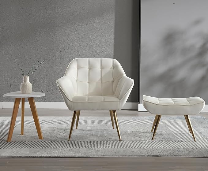 Velvet Accent Chair with Ottoman Modern Upholstered Reading Chair with Ottoman Comfy Lounge Armchair with Gold Metal Legs for Small Spaces Living Room Bedroom Book Nook Off White