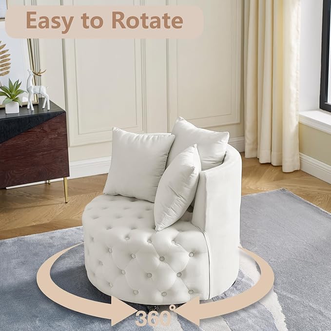 Swivel Barrel Chair Velvet Swivel Accent Sofa with 3 Pillows and 4 Wheels Modern Round Oversized Swivel Chair 360 Degree Swivel Sofa Chair Swivel Barrel Chair for Living Room Reception Room Beige