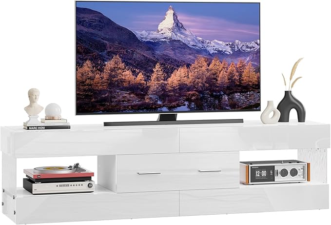 Bestier TV Stand for 55/60/65 Inch TV High Gloss Modern TV Stand with Stone-Patterned Side Panels LED Entertainment Center with Large Drawer TV Consoles for Living Room Bedroom (Glossy White)