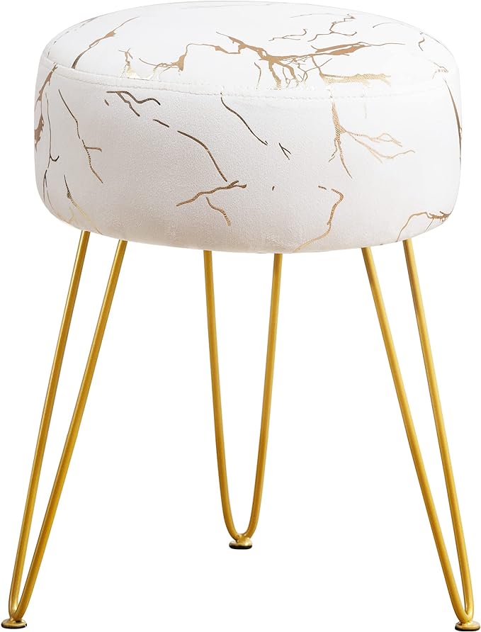 LUE BONA Vanity Stool Gold Vanity Stools for Makeup Room Round Ottoman Foot Stool Velvet Footrest Vanity Chair for Bathroom Vanity Bedroom Living Room Entryway Offices 300lbs