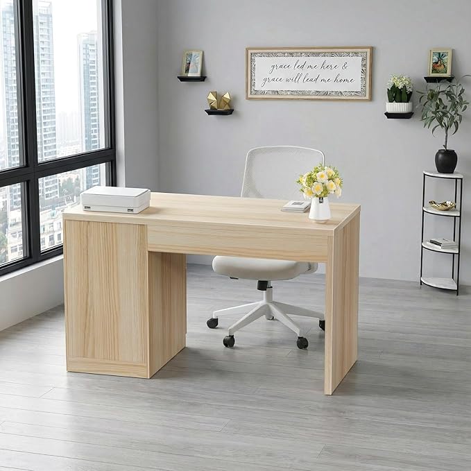 Fluted Desk with File Drawers - 47 Inch Modern Executive Desk Wood Desks with Cabinet Drawers for Home Office Boho Wooden Computer Desks with Storage for Writing Study Bedroom Light Natural Oak