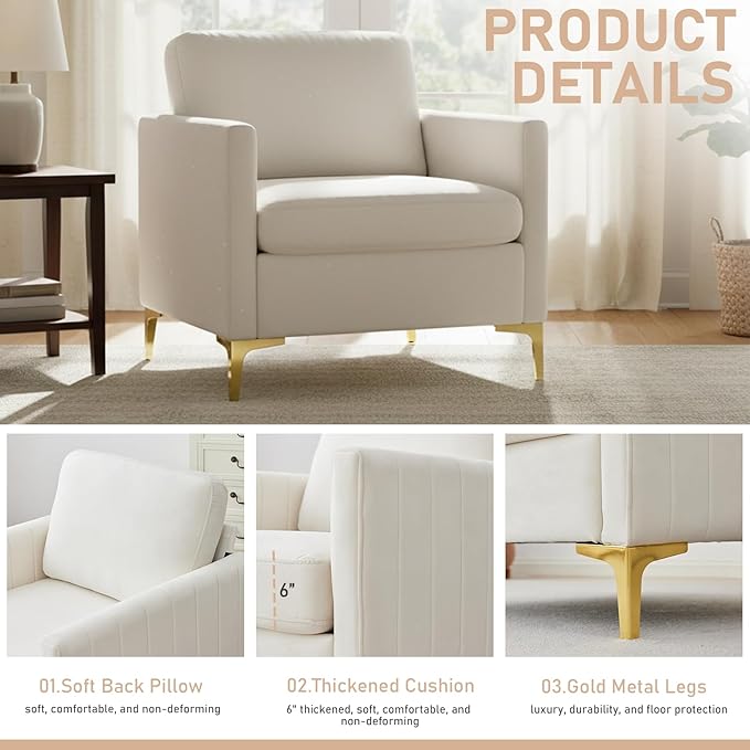 Velvet Accent Chair Modern Accent Chair with Gold Metal Legs Upholstered Reading Armchair Small Sofa Chair for Living Room Bedroom Office (Beige)