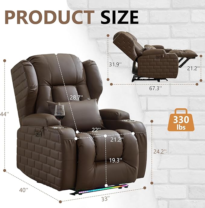 Wall Hugger Power Recliner Chair with Heat and Massage Overstuffed Reclining Sofa Chair for Living Room Home Theater RV with 3-Side LED Lights/Cup Holders/USB &amp Type C Port (Coffee)