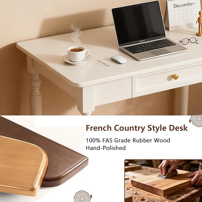 French Country Style White Writing Desks with Drawers 47 Solid Wood Farmhouse Computer Table for Home Office Living Room Study or Workspace (White)