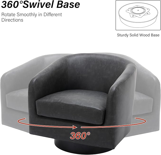 Swivel Barrel Chair Modern Round PU Leather Accent Armchair for Living Room Bedroom Oversized Comfy Club Reading Chairs for Adults (Leather Black Grey Set of 1)