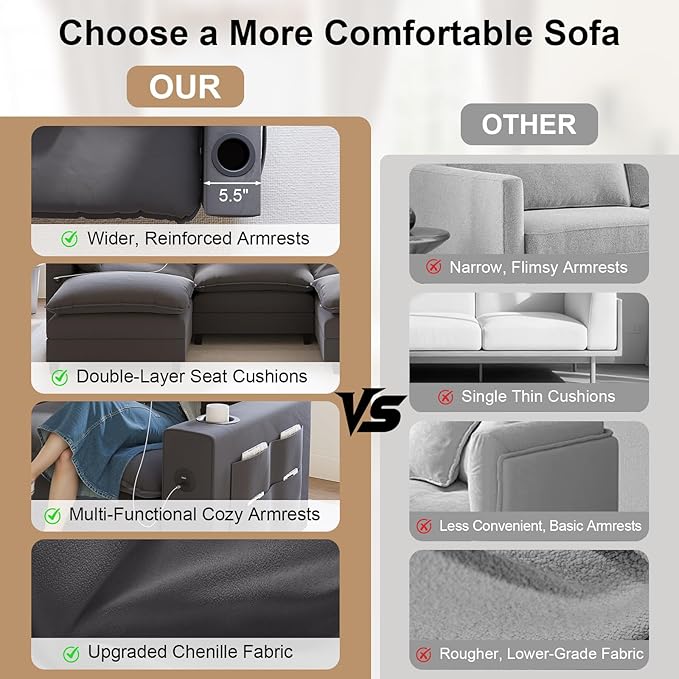 80.7 Modular Sectional Couch L Shaped Cloud Sofa with Movable Ottoman Chenille Deep Seat Cloud Couch with Charging Station Cup Holder Side Pocket Sectional Couches for Living Room Grey