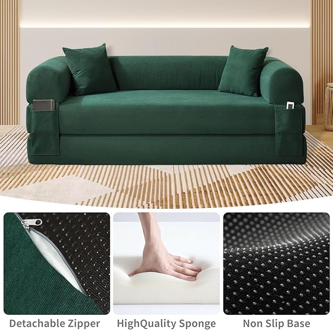 KBQ 3-Seat Convertible Sleeper Sofa Bed with 2 Pillows Corduroy Folding Mattress Couch Floor Sofa Lounge Couch for Living Room Bedroom Lounge Studio Deep Green
