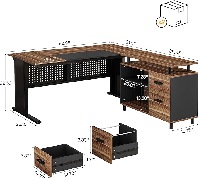 Tribesigns 63-Inch L-Shaped Executive Desk with Storage Shelves Large Office Computer Desk with Drawers and File Cabinet Industrial Business Workstation for Home Office Brown and Black
