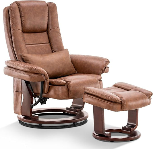 MCombo Swivel Recliner with Ottoman Chair TV Chair Sets with Vibration Massage for Small Space Living Room Bedroom 9096 9099 (Faux Leather Saddle)