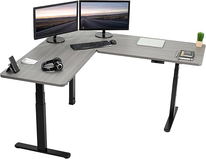 VIVO Electric Height Adjustable 67 x 60 inch Corner Stand Up Desk 2 Dark Gray Solid Table Tops Black Frame Memory Controller L-Shaped Workstation 3E Series DESK-KIT-3E6G