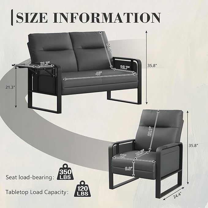 Upholstered Living Room Chair Armchair SetMid Century Faux Leather Accent Chair Loveseat Furniture SetReception Couch Slipper Club Lounge Chair Sofa with Sidetable-Dark Grey(1 Loveseat and 2 Chairs)