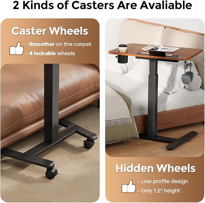 Mobile Standing Desk with Drawer 28 Rolling Desk with Cup Holder and Hooks Portable Laptop Workstation on Wheels Height Adjustable Cart with Storage for Home Office Dark Wood