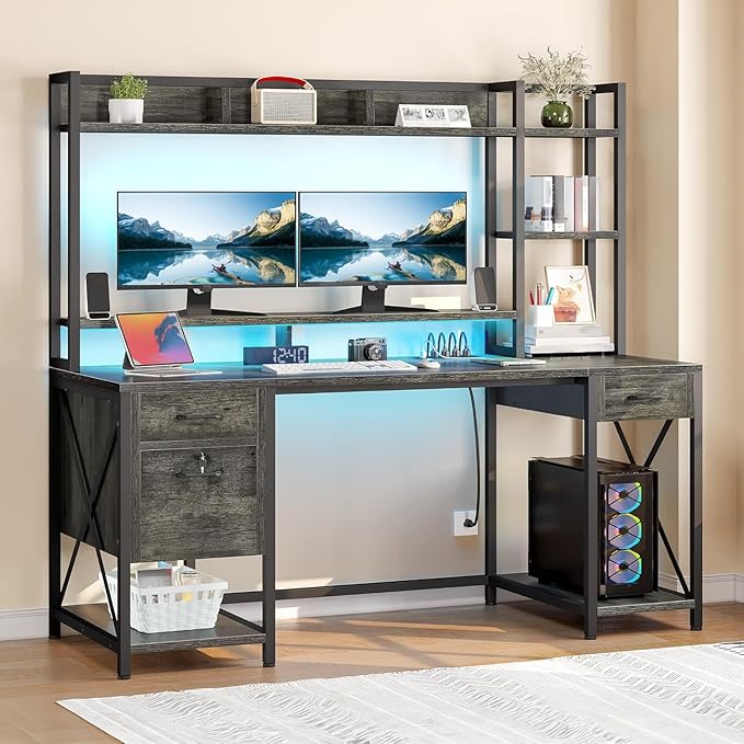 YITAHOME Computer Desk with Hutch &amp Drawers 59 Office Desk with Power Outlets Gaming Desk with LED Lights and Storage Shelves Grey