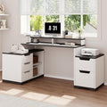 L Shaped Desk with File Drawers &amp Storage Cabinet 61 Inch Computer Desk with Power Outlets Office Desk with Monitor Stand Printer Shelf White and Black