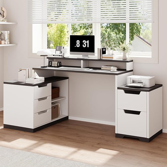 L Shaped Desk with File Drawers &amp Storage Cabinet 61 Inch Computer Desk with Power Outlets Office Desk with Monitor Stand Printer Shelf White and Black