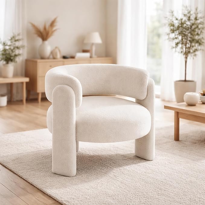 Barrel Accent Chair for Living Room Modern Upholstered Barrel Armchair Teddy Velvet Comfy Padded Reading Chairs for Bedroom Single Sofa Chair with Wood Frame - Barrel