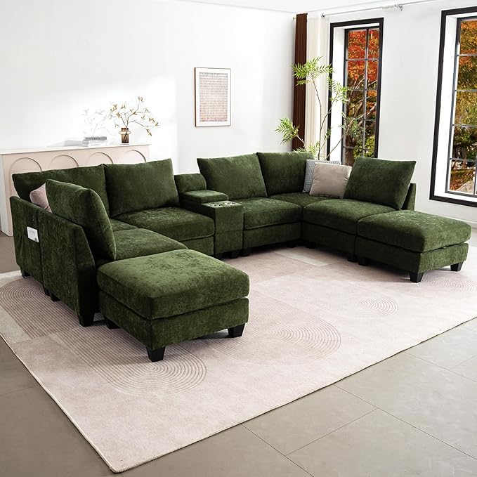 136.4 Modular Sectional Sofa U-Shaped 8 Seater Sectional Sofa with Storage Ottoman Linen L-Shaped Couch Large Cloud Couch with Cup Holders &amp USB for Living Room（Green