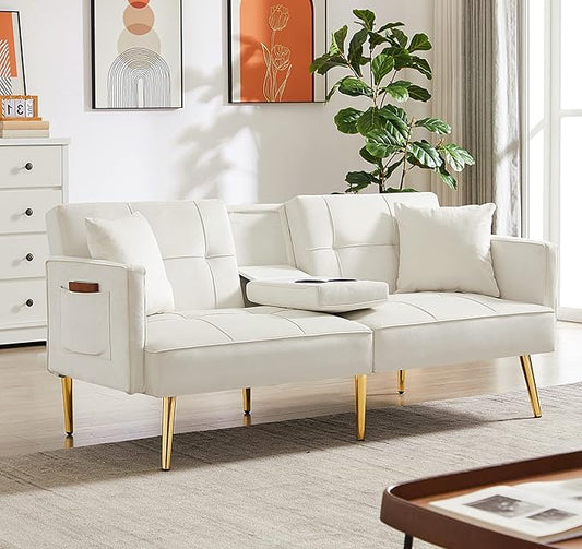 Futon Sofa Bed Modern Linen Fabric Couch Bed Loveseat Convertible Daybed with 2 Cup Holders and Removable Armrests for for Compact Living Space Apartment Dorm Office (18white)