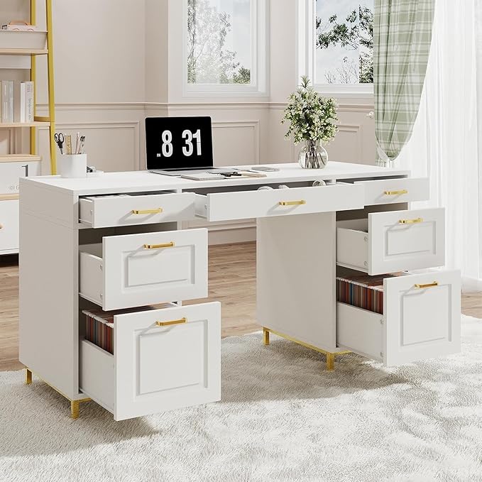 White Desk with 7 Drawers 57 Executive Desk with Storage White and Gold Desk for Bedroom Makeup Vanity Desk with Golden Handle