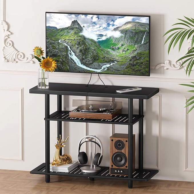 Bamboo TV Stand Small TV Stands for up to 32 Inch 3-Tier Entertainment Center TV Shelf with Storage Sturdy Corner TV Stand for Small Spaces Black