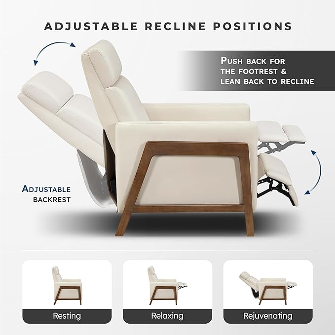 Lexicon Push Back Recliner Chair Faux Leather Upholstered Reclining Chair with Footrest Exposed Dark Brown Finish Wood Frame Small Recliner for Small Space Living Room Bedroom Light Beige