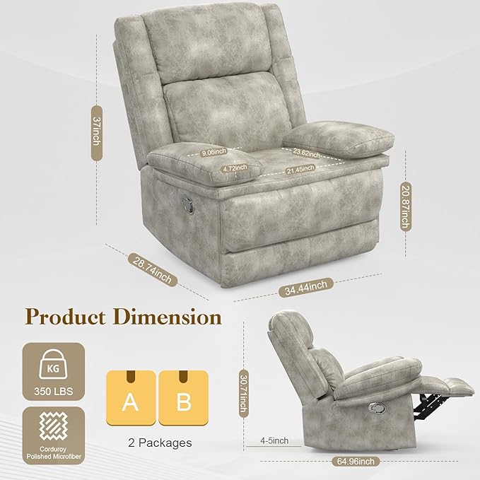 Recliner Chair for Adults Oversized Manual Pull Tab Reclining Chair 2-Tier Cushions Minimalist Style Single Sofa for Living Room RV (Polished Microfiber)