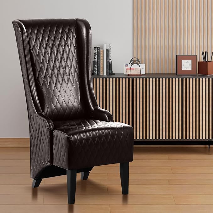 Dining Chair Comfy High Wingback Accent Chair for Dining Table PU Leather Upholstered Accent Side Chairs with Soft Padded &amp Wooden Legs for Living Room Dining Room Bedroom (Dark Brown)
