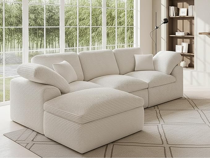 Cloud Sectional Couches for Living Room 4 Seater Cloud Modular Couch Boneless Comfy Sofa for Apartment L Shaped Corduroy Sectional Sofas with Ottoman Cream