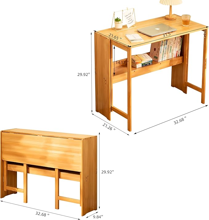 Bamboo Foldable Desk Small Folding Computer Desk with Hidden Storage Space Saving Study Table Fold Out Tables for Small Spaces Home Office Apartment (Natural)