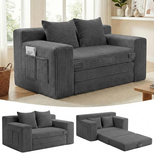 Boneless Loveseat Sleeper Sofa Bed: 3-in-1 Convertible Sofa Bed with Side Pockets &amp HandlePull Out Couch with 2 PillowsFolding Futon for Small SpaceLiving Room &amp BedroomCorduroy FabricNo
