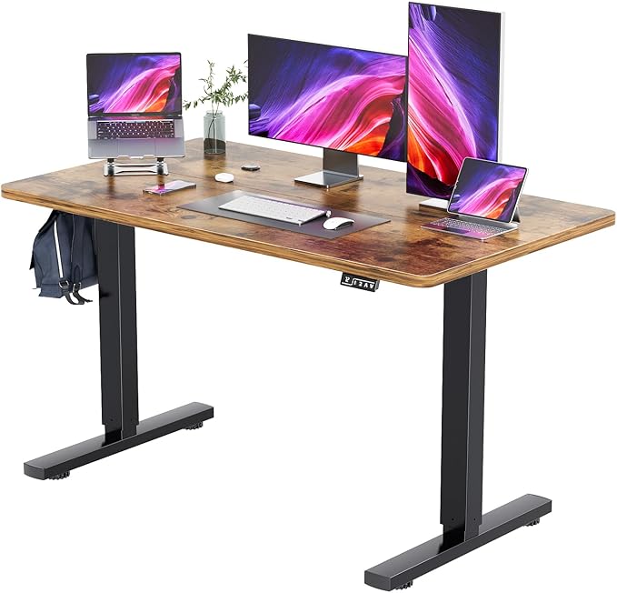 YESHOMY Height Adjustable Electric Standing Desk Memory Home Office Sit Stand up Desk with Phone Holder and USB Charging Port Black Leg/Rustic Brown Top