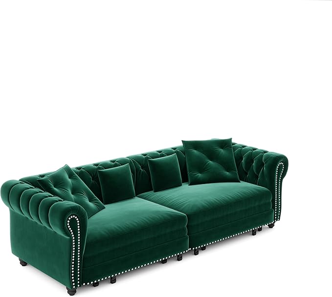 Eafurn 3 in 1 Oversized Chesterfield Loveseat Sofa Convertible Pull Out Sleeper Sofabed King Size Couch Bed w/Movable Ottoman and Nailhead Trim for Living Room Tufted Velvet Recliner Daybed Sofacama