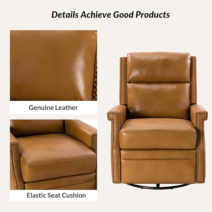 HULALA Home Genuine Leather Swivel Rocker Recliner Modern Manual Glider Recliner Chair with Adjustable Backrest &amp Footrest360 Degree Swivel Home Theater Sofa Armchair for Living Room Bedroom Ca